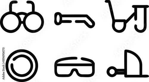 Eyeglasses key golf cart and clip icons with medical and laboratory equipment