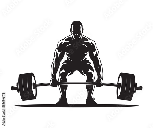 Silhouette of muscular weightlifter preparing to lift heavy barbell with proper form for deadlift exercise in gym or fitness setting isolated on transparent background