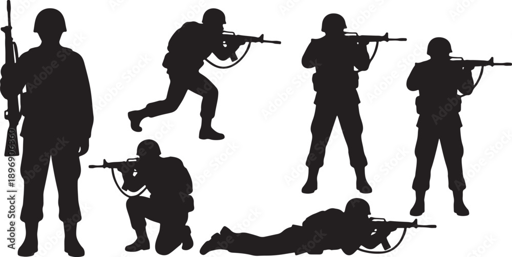 Fototapeta premium Black silhouettes of soldiers in various combat positions with rifles on a white background also transparent background