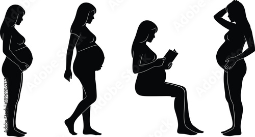 Pregnant woman silhouette vector illustration showing different maternity poses representing pregnancy stages, motherhood journey, prenatal lifestyle, health, and wellness concepts