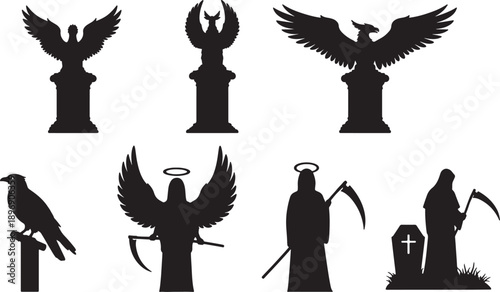 Collection of black silhouette mythical creatures and grim reapers on pedestals and gravestones also transparent background