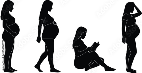 Pregnant woman silhouette vector illustration showing maternity stages and poses representing pregnancy, motherhood, health, lifestyle, and prenatal care concepts