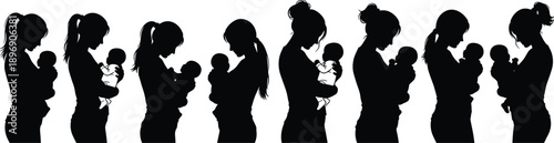 Mother and baby silhouette vector illustration showing women holding newborn infants in various poses representing motherhood, care, love, bonding, and family