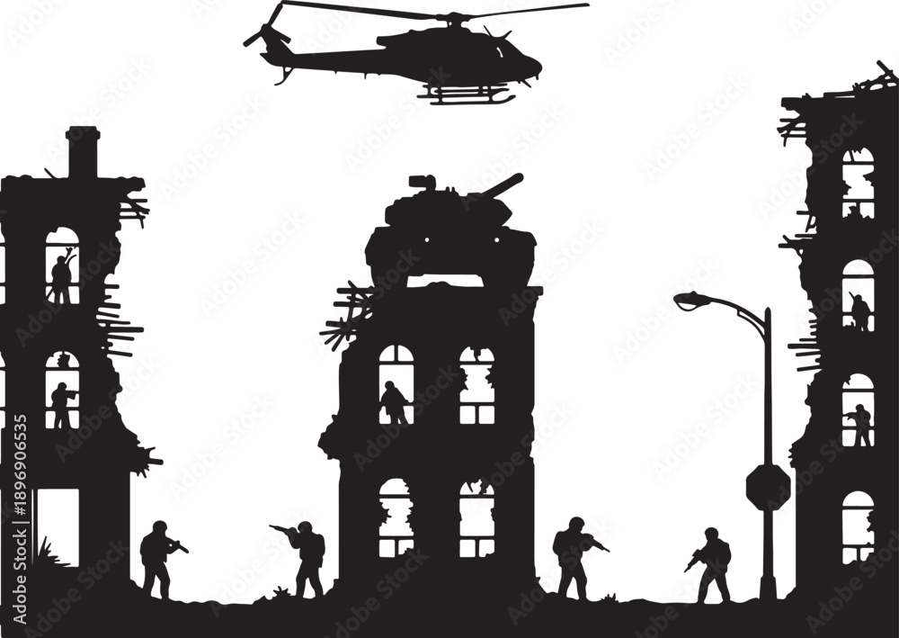 Fototapeta premium Silhouette of military helicopter and tank above destroyed buildings with soldiers also transparent background