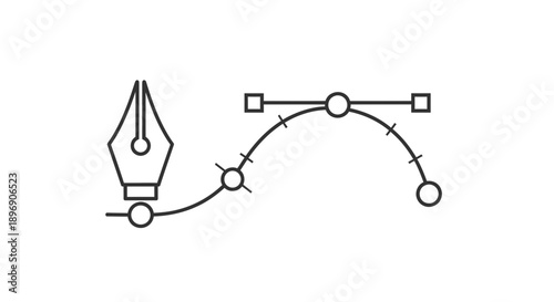 Vector graphic icon depicting a digital drawing pen tool creating a smooth bezier curve with anchor points and handles.