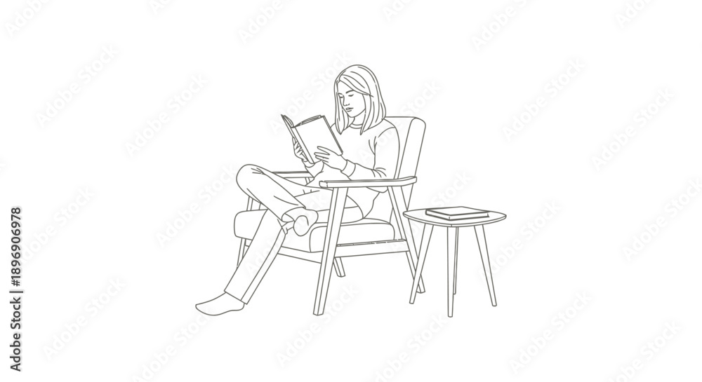 Fototapeta premium minimalist line drawing of a woman reading a book in an armchair with a side table ideal for quiet relaxation and learning.