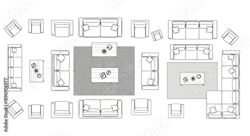 clean top-down blueprint of a modern living room furniture layout with sofas armchairs and coffee tables ideal for interior design.
