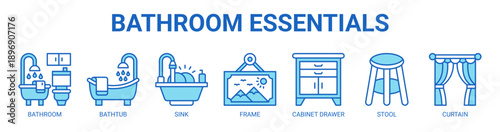 Bathroom Essentials web banner icon vector illustration concept with icon of bathroom, bathtub, sink, frame, cabinet drawer, stool, and curtain.