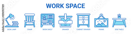 Work Space web banner icon vector illustration concept with icon of desk lamp, chair, book shelf, drawer, cabinet drawer, frame, and side table.
