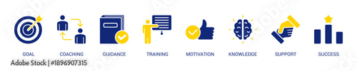 Mentoring Solid Blue Yellow Color Icon Set For Web Banner. Vector Illustration Concept With Some Icons. Designed In Solid Blue Yellow Color Style