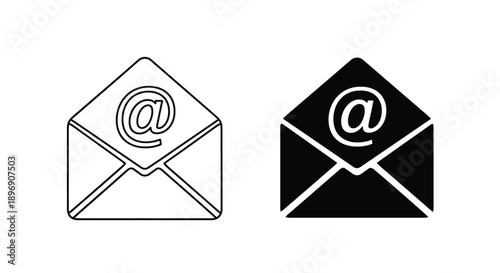 Two envelope icons one outlined and one filled both with at symbols