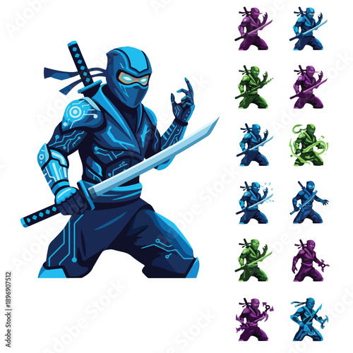 Blue Ninja Character with Sword Illustration.