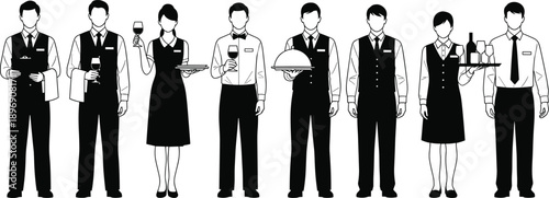 Group of professional waiters and waitresses standing in uniform, restaurant service staff team, hospitality concept