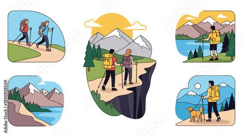 Collection of five colorful illustrations showing people hiking and trekking in beautiful mountain landscapes with lakes.