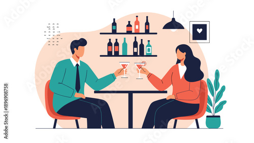 Man and woman in professional attire enjoying cocktails while sitting at a bar with bottles on shelves.