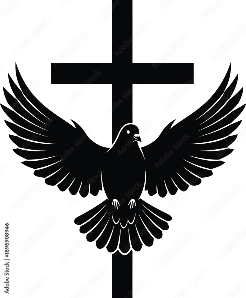 Obraz premium Black silhouette of dove with outstretched wings and cross