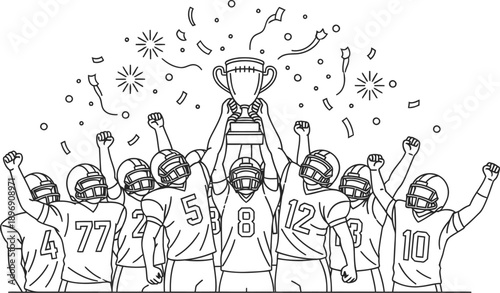 Team of football players celebrating with trophy