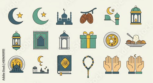 Islamic Symbols and Icons Collection for Ramadan and Eid Celebrations.