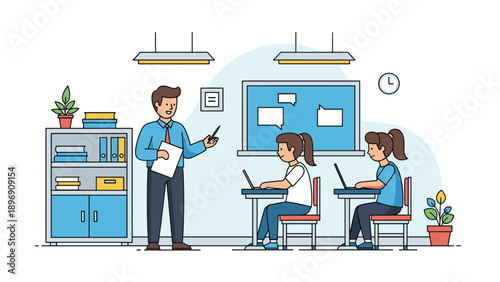 Teacher standing in a classroom and pointing at a blackboard while two students work on their laptops at desks.