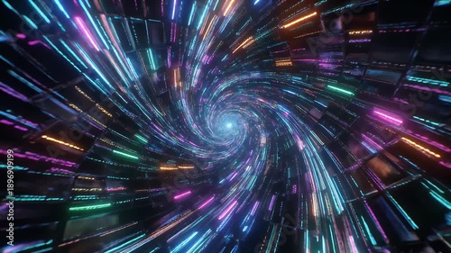 A vibrant digital tunnel showcases a glowing core. Spiraling beams of neon light and dark textures fill the geometric space