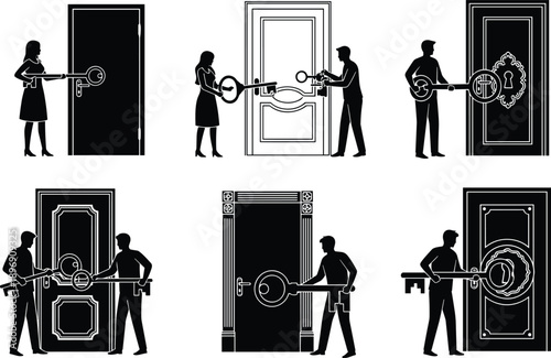 Silhouette set of people holding large keys unlocking doors, real estate opportunity concept,