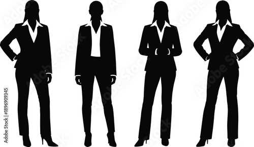 Businesswoman silhouettes set in formal suits, professional female leaders standing poses, corporate confidence and career success concept, black vector illustration isolated