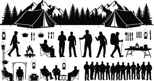 Camping and hiking silhouettes set with people, tents, campfire cooking and outdoor gear, mountain forest adventure scene, black vector illustration isolated