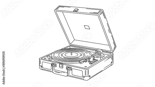 Retro portable turntable housed in a black and white suitcase design for playing vinyl records in a classic and nostalgic musical style.
