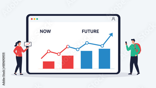 Business growth chart displayed on a screen comparing current results with future projections alongside two professionals using mobile devices.