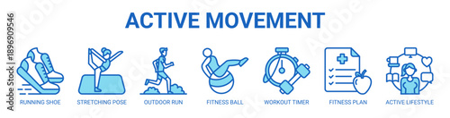 Active Movement web banner icon vector illustration concept with icon of running shoe, stretching pose, outdoor run, fitness ball, workout timer, fitness plan, and active lifestyle.