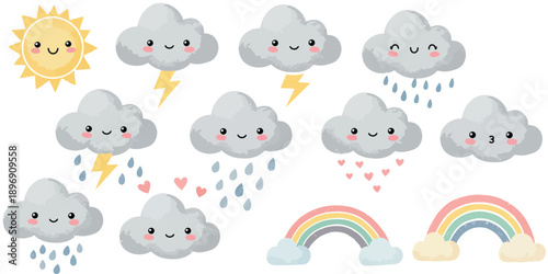 Cute cartoon weather icons with smiling faces and various precipitation conditions