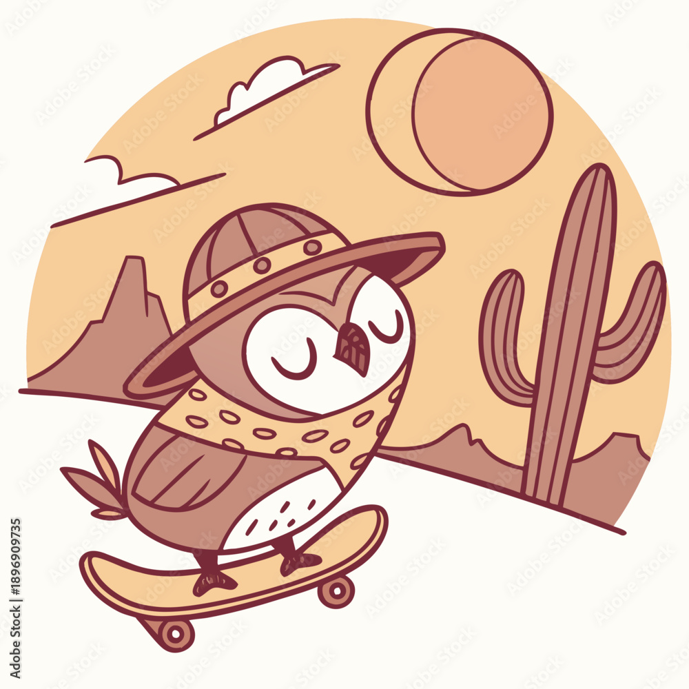 Obraz premium Whimsical Owl feeling Sleepy in a Desert sunset setting with riding a skateboard – colored in Sundown Glow