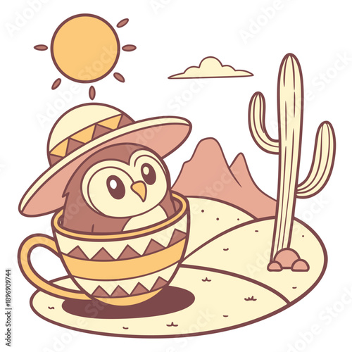 SVG art: A Bashful Owl in a Desert sunset vibe with in a teacup, tinted with Sundown Glow tones