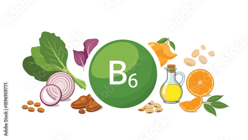 Educational infographic displaying a green Vitamin B6 badge surrounded by healthy food sources like spinach, onions, oranges, nuts, and oil.