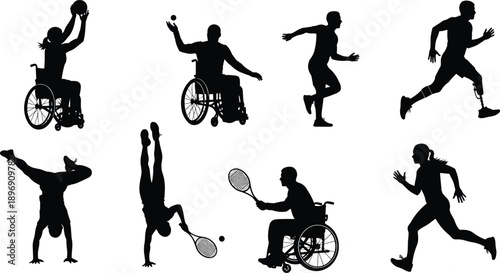 Inclusive sports silhouettes, wheelchair basketball, tennis, prosthetic running, adaptive athletes, disability empowerment, diverse physical activities, vector illustration, accessibility, fitness