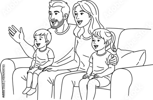 Happy family watching tv together on sofa