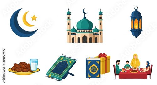 Islamic Symbols and Ramadan Celebration Elements.