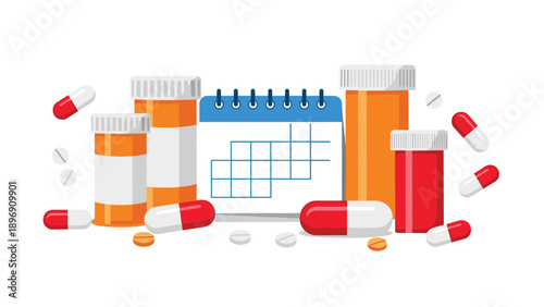 Selection of orange and red medical pill bottles surrounded by various capsules, tablets, and a calendar representing a medication schedule.