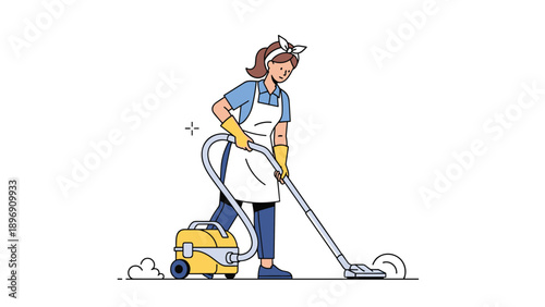 Professional female cleaner in a blue uniform and white apron operating a yellow vacuum cleaner on a white background.