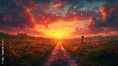 Rural path at sunset landscape