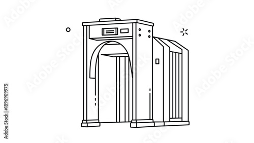 Line art illustration of a walk-through metal detector gate used for security screening at airports and public buildings.