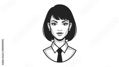 Black and white stylized portrait of a professional woman with short dark hair wearing a white collared shirt and a tie.