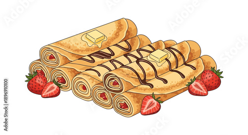 Illustration of rolled crepes with butter, chocolate sauce and fresh strawberries on a plain background for Chandeleur or French food themed designs.