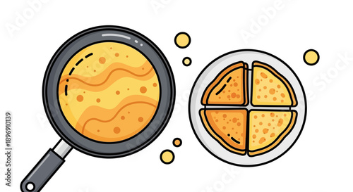 Illustration of a French crepe in a pan and sliced on a plate for Chandeleur, a traditional day for eating crepes with butter, fruit and chocolate.