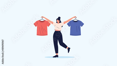 Young woman standing and holding up a red and a blue t-shirt on hangers while trying to decide which one to wear.