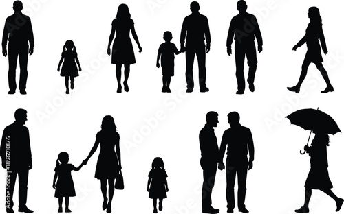 Silhouette people walking, family holding hands, children with parents, umbrella figure, diverse group interaction, pedestrian movement illustration, social dynamics vector art