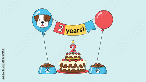 Celebration setup for a dog's second birthday featuring a large two-tier cake, colorful balloons, and bowls of pet food.