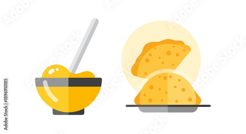 Vector illustration of crêpes and fruit on a plate and in a bowl for Chandeleur, a traditional French day for eating crêpes with butter, cheese, and fruit.