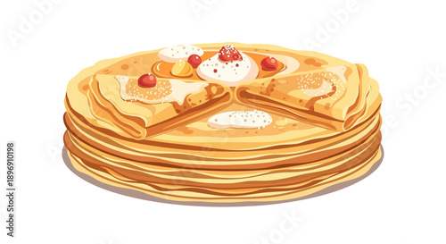 A stack of golden crêpes with butter, fruit, and cream toppings on a white background, celebrating Chandeleur or Crêpes Day with a traditional French culinary delight.