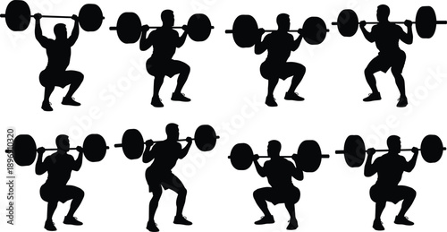 Weightlifting squat silhouettes set, male athlete performing barbell strength training exercises, gym fitness workout poses, black vector illustration isolated on white